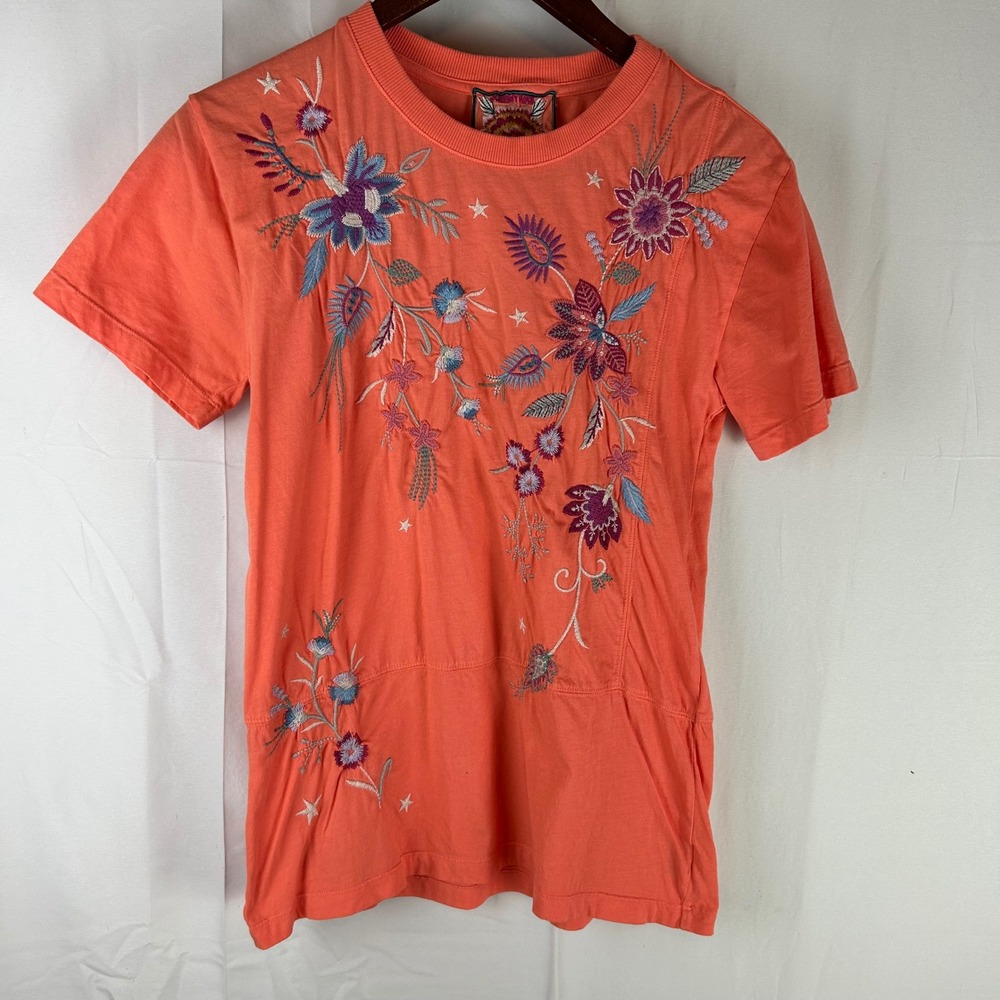 Johnny‎ Was Embroidered Floral T-Shirt Womens XXS Coral Orange Boho R13022-5
